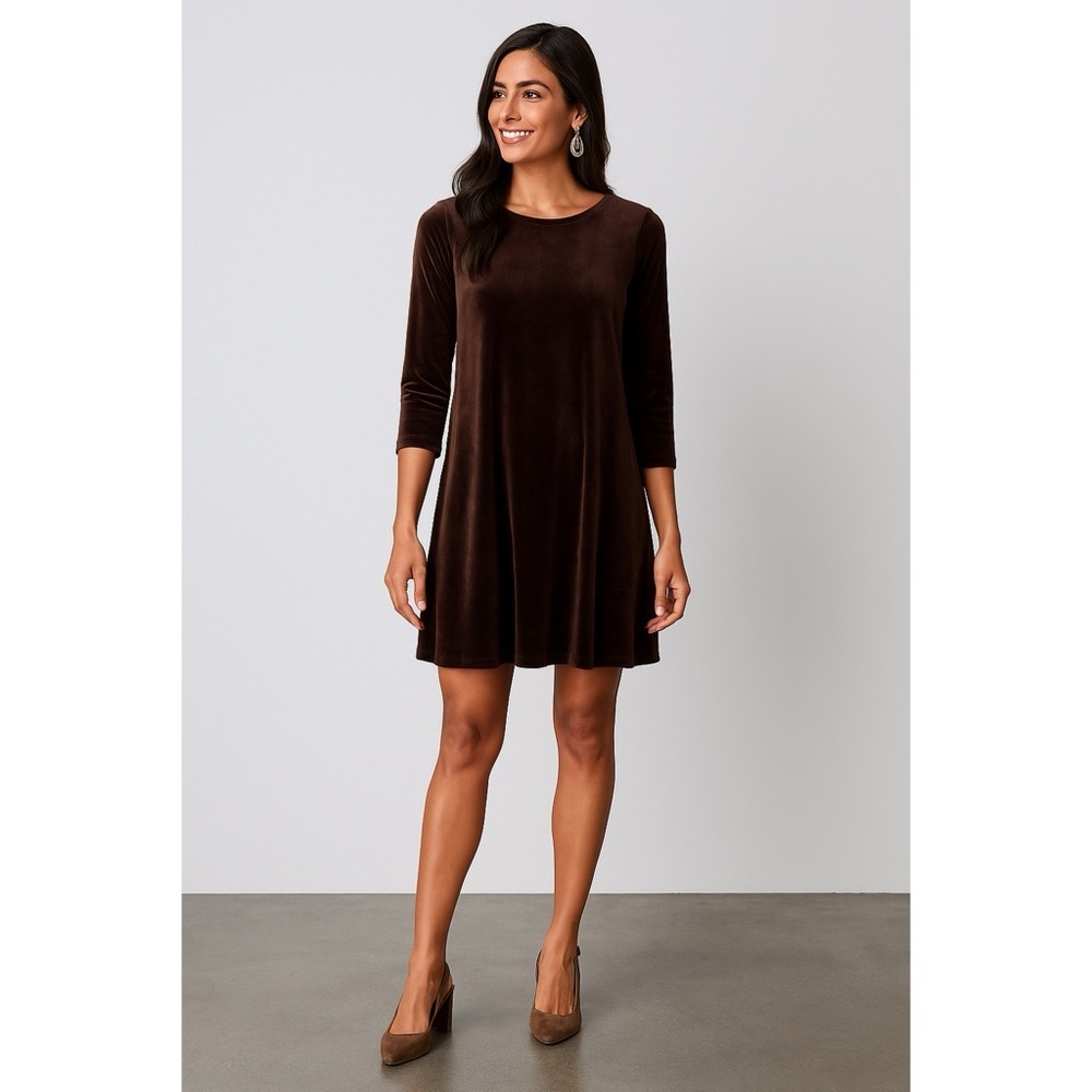 LOFT Outlet Brown Velour Swing Dress Long Sleeve A Line Stretch Velvet M